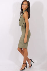 Khaki Frill Choker Midi Dress - Angela-Dresses