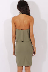 Khaki Frill Choker Midi Dress - Angela-Dresses