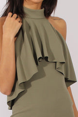 Khaki Frill Choker Midi Dress - Angela-Dresses