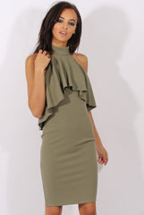 Khaki Frill Choker Midi Dress - Angela-Dresses