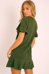 Khaki Frill Detail Peplum Dress - Birda-Dresses