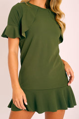 Khaki Frill Detail Peplum Dress - Birda-Dresses
