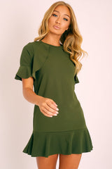 Khaki Frill Detail Peplum Dress - Birda-Dresses