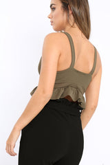 Khaki Frill Hem Crop Top - Keya-Crop Tops