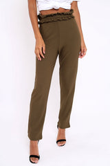 Khaki Frill Hem Wide Legged Trousers - Megan-Trousers