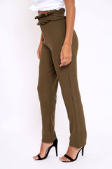 Khaki Frill Hem Wide Legged Trousers - Megan-Trousers