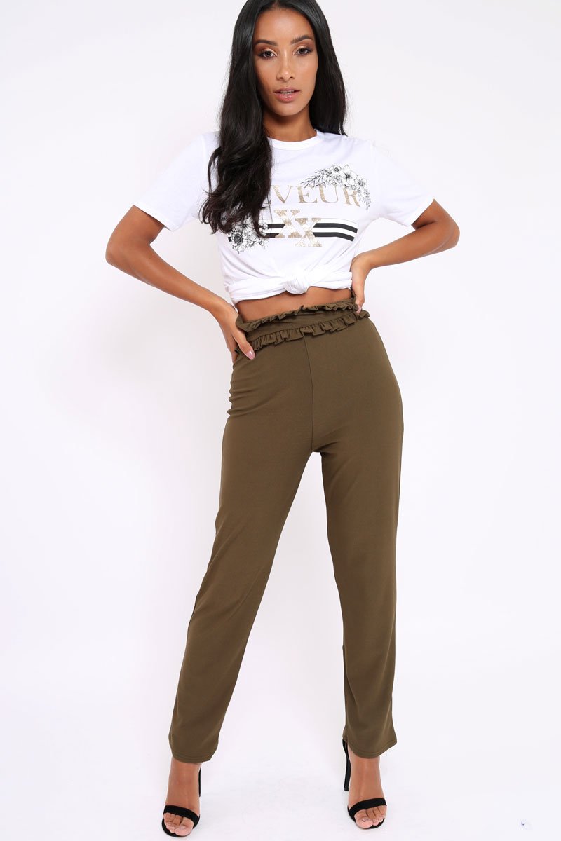 Khaki Frill Hem Wide Legged Trousers - Megan-Trousers