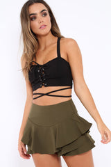 Khaki Frill High Waisted Shorts - Claudelle-Shorts