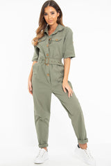 Khaki Front Button Belted Boiler Jumpsuit - Nyrah-Jumpsuits