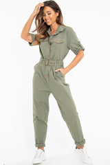 Khaki Front Button Belted Boiler Jumpsuit - Nyrah-Jumpsuits