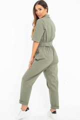 Khaki Front Button Belted Boiler Jumpsuit - Nyrah-Jumpsuits