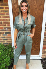 Khaki Front Button Belted Boiler Jumpsuit - Nyrah-Jumpsuits