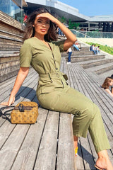 Khaki Front Button Belted Boiler Jumpsuit - Nyrah-Jumpsuits