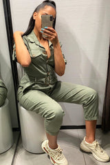 Khaki Front Button Belted Boiler Jumpsuit - Nyrah-Jumpsuits