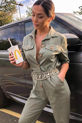 Khaki Front Button Belted Boiler Jumpsuit - Nyrah-Jumpsuits