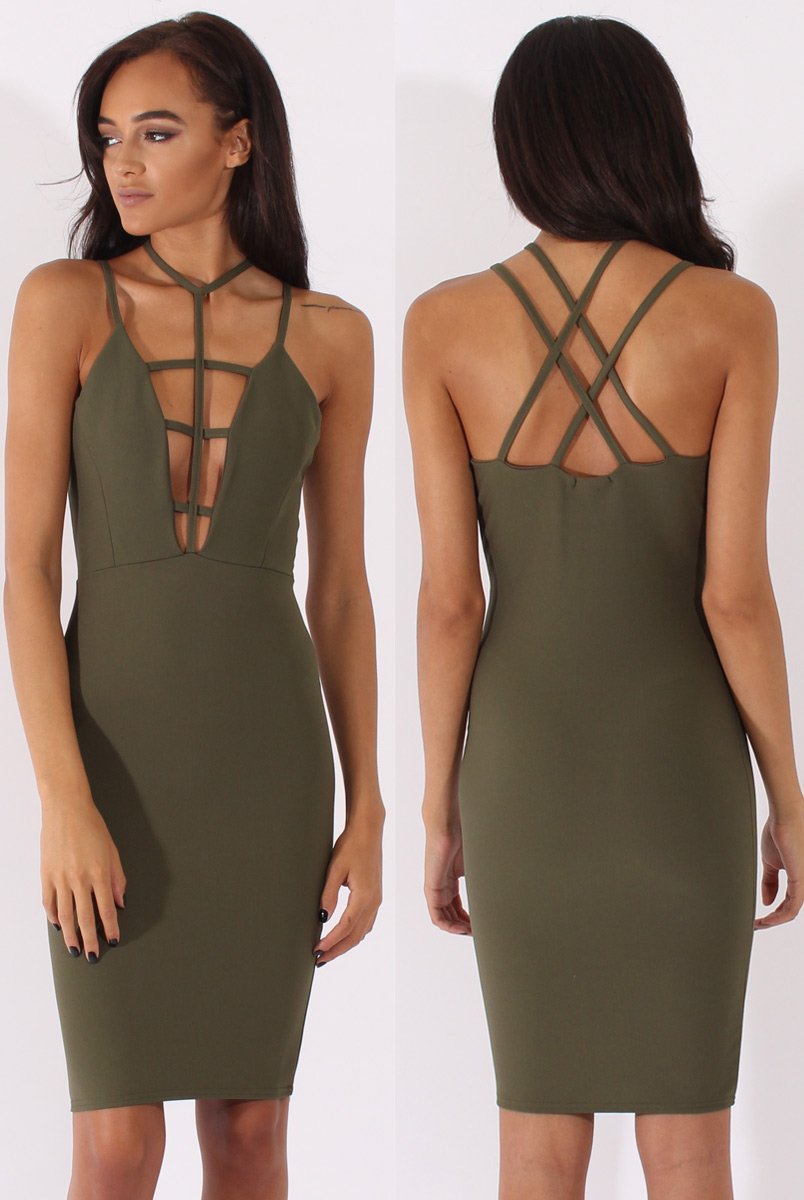 Khaki Front Harness Bodycon Dress - Nella-Dresses