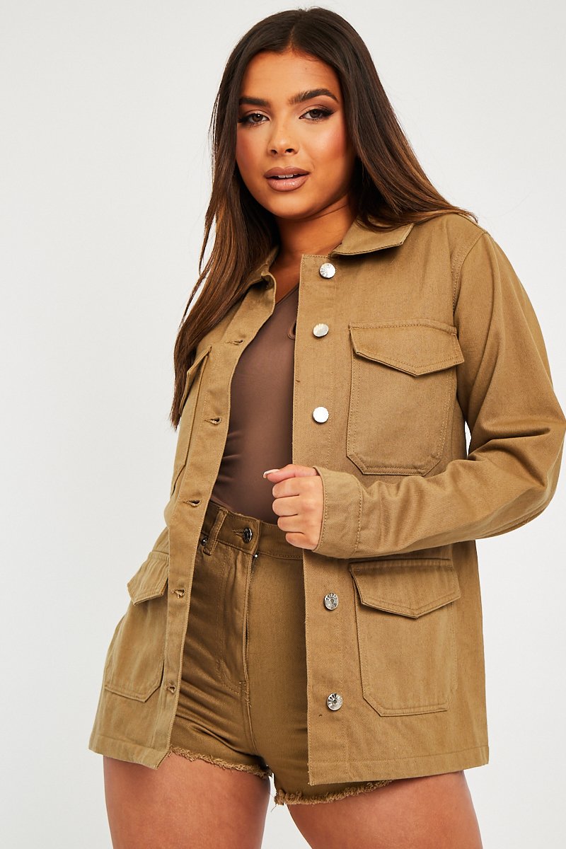 Khaki Front Pocket Full Length Denim Jacket - Jenna-Jackets