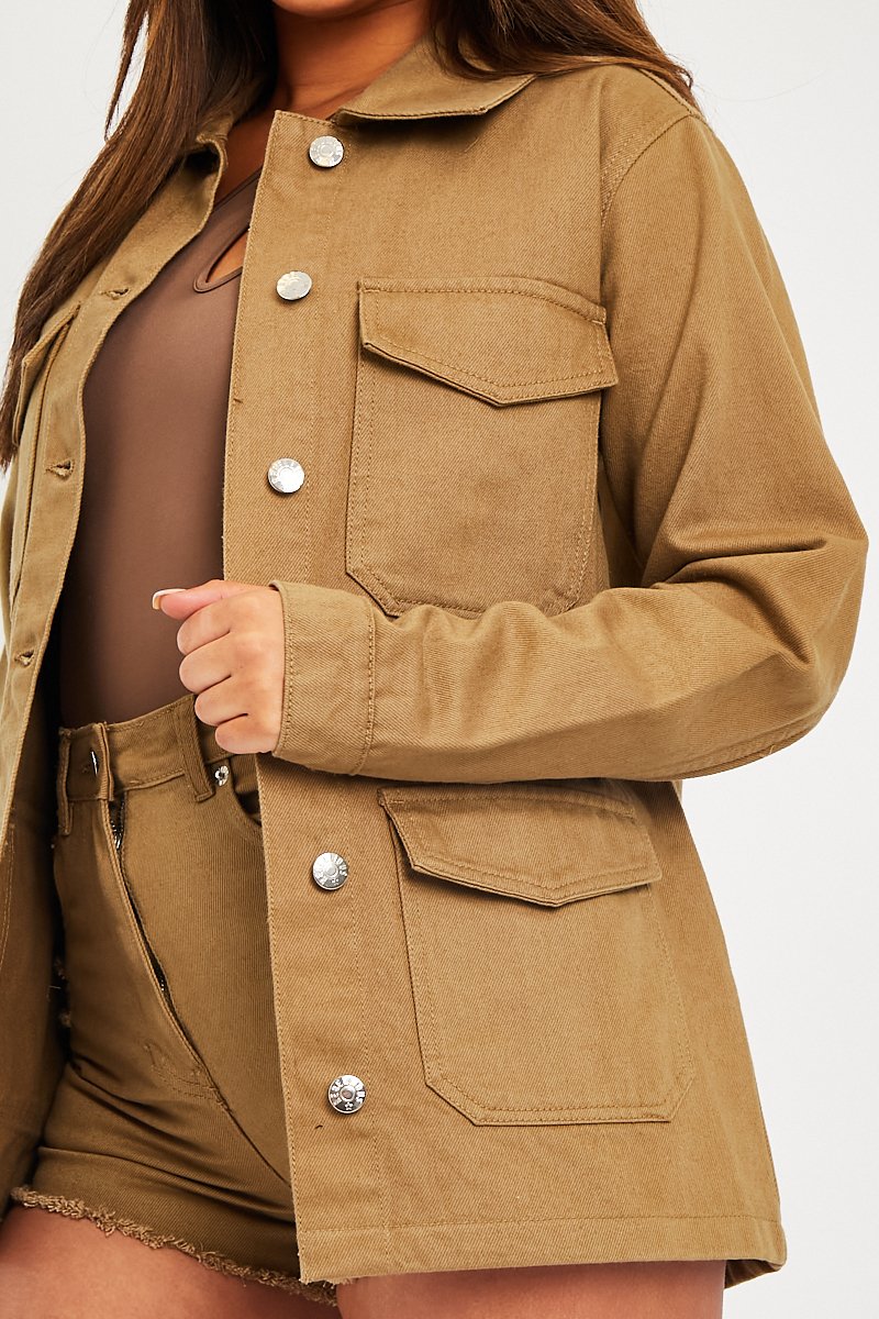Khaki Front Pocket Full Length Denim Jacket - Jenna-Jackets