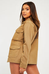Khaki Front Pocket Full Length Denim Jacket - Jenna-Jackets