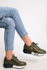 Khaki Glitter Lace Up Chunky Trainers - Shania-Trainers