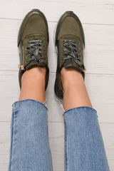 Khaki Glitter Lace Up Chunky Trainers - Shania-Trainers