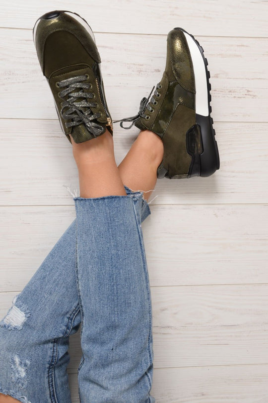 Khaki Glitter Lace Up Chunky Trainers - Shania