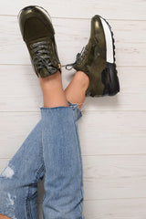 Khaki Glitter Lace Up Chunky Trainers - Shania-Trainers