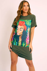 Khaki Graphic Printed T-shirt Dress - Meeka-Dresses