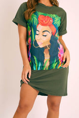 Khaki Graphic Printed T-shirt Dress - Meeka-Dresses