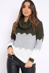 Khaki Grey and White ZigZag Patterned Roll Neck Jumper - Nataley-Jumper