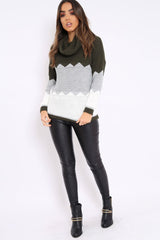 Khaki Grey and White ZigZag Patterned Roll Neck Jumper - Nataley-Jumper