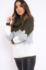 Khaki Grey and White ZigZag Patterned Roll Neck Jumper - Nataley-Jumper