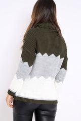 Khaki Grey and White ZigZag Patterned Roll Neck Jumper - Nataley-Jumper
