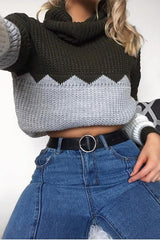 Khaki Grey and White ZigZag Patterned Roll Neck Jumper - Nataley-Jumper
