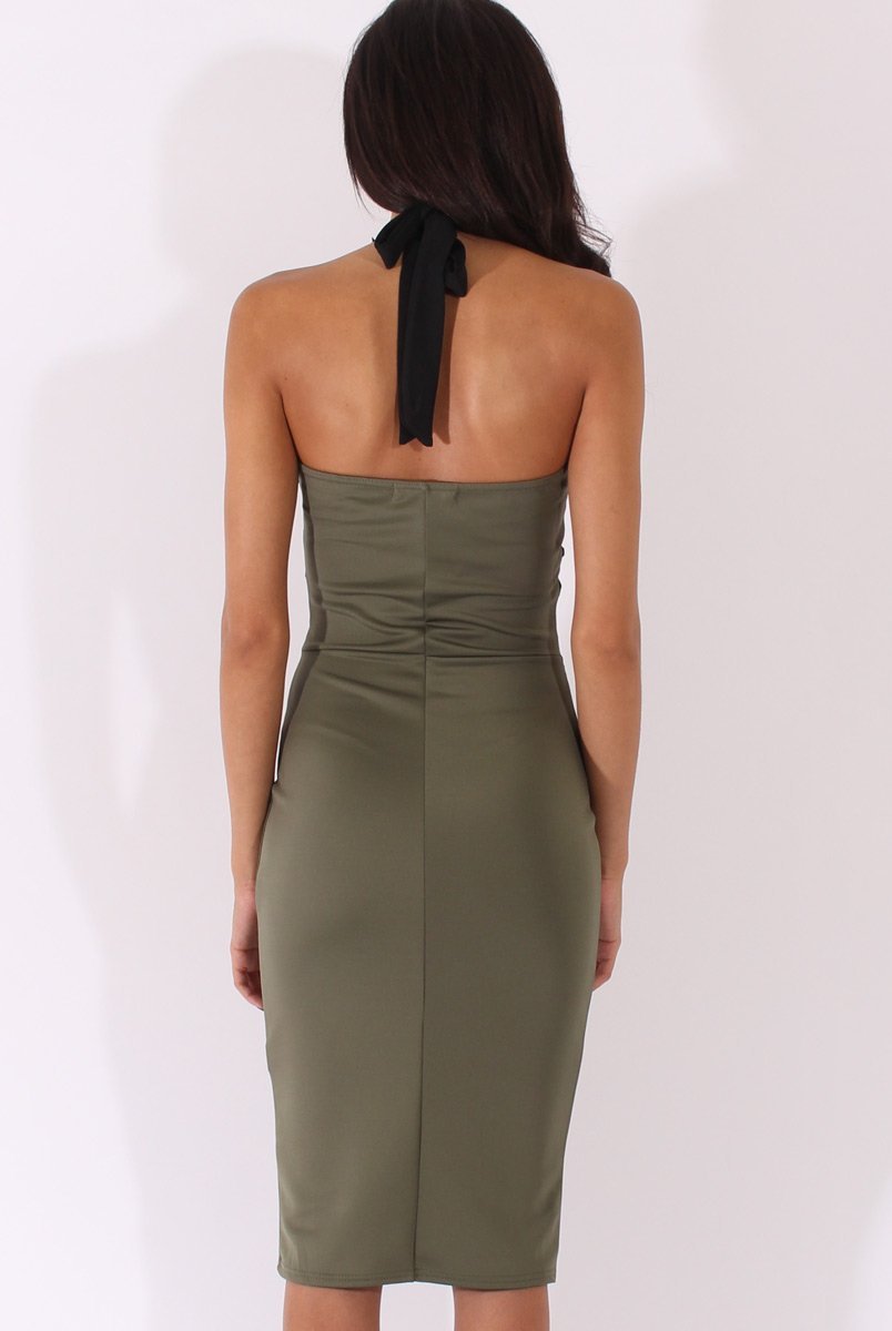 Khaki Halterneck Crochet Layer Midi Dress - Andie-Dresses