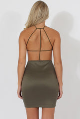 Khaki Halterneck Strappy Mini Dress - Brenda-Dresses