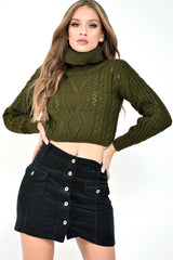 Khaki High Neck Cropped Cable Knit Jumper - Sandria-Crop Jumper