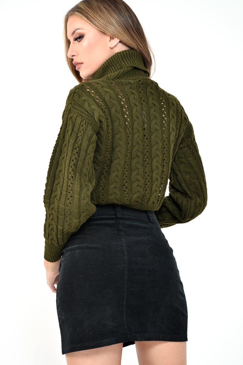 Khaki High Neck Cropped Cable Knit Jumper - Sandria-Crop Jumper