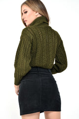 Khaki High Neck Cropped Cable Knit Jumper - Sandria-Crop Jumper