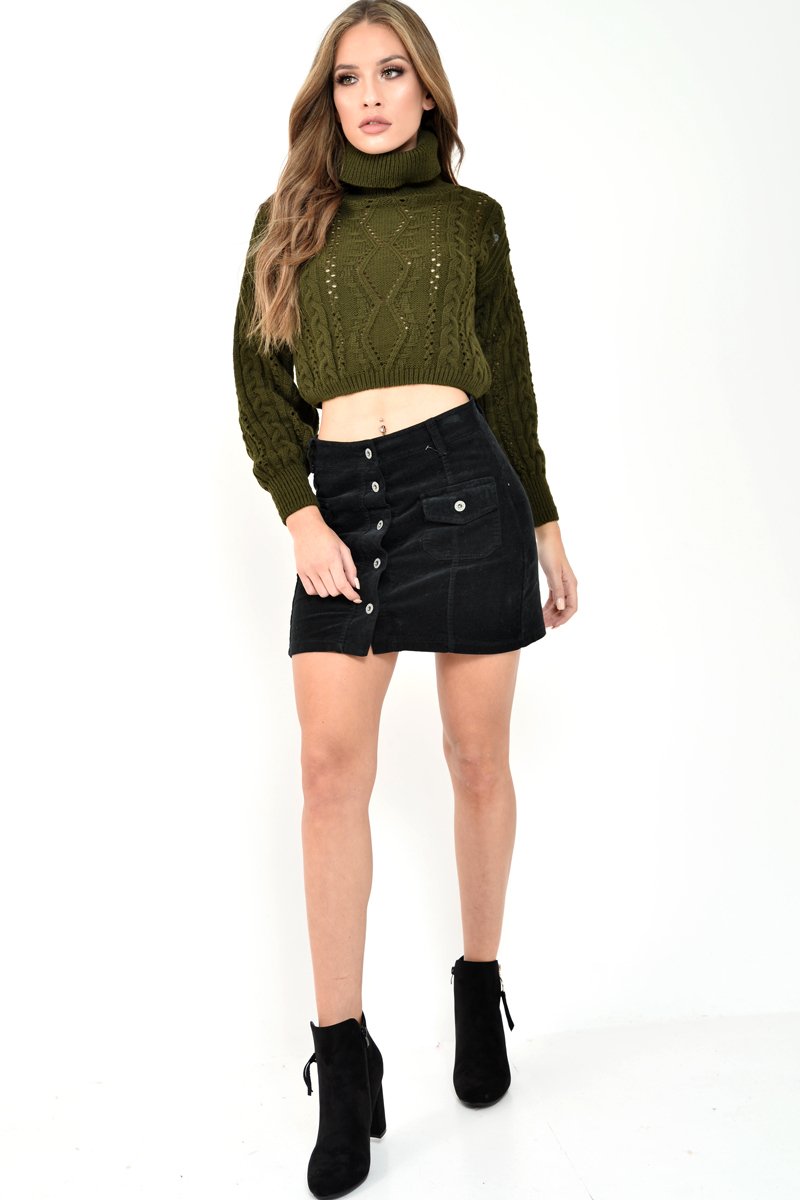 Khaki High Neck Cropped Cable Knit Jumper - Sandria-Crop Jumper