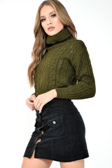 Khaki High Neck Cropped Cable Knit Jumper - Sandria-Crop Jumper