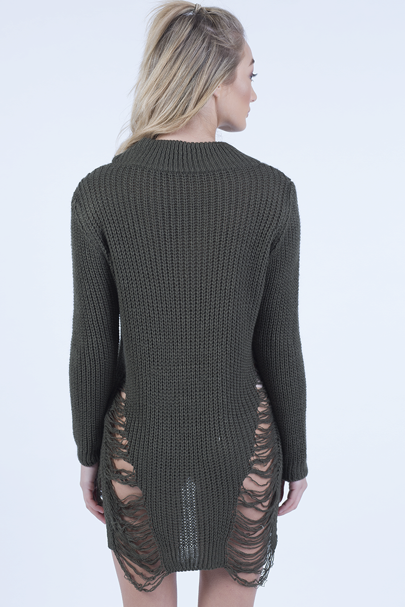 Khaki High Neck Cut Out Distressed Jumper Dress - Adalyn-Jumper