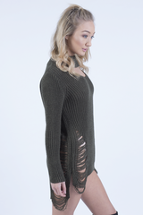 Khaki High Neck Cut Out Distressed Jumper Dress - Adalyn-Jumper