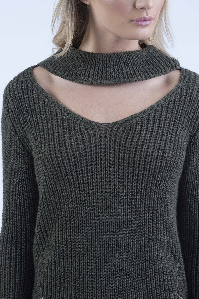 Khaki High Neck Cut Out Distressed Jumper Dress - Adalyn-Jumper