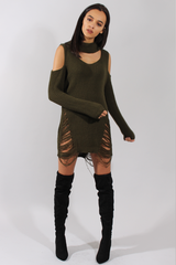 Khaki High Neck Cut Out Distressed Jumper Dress - Jamie-Jumper