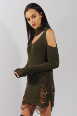 Khaki High Neck Cut Out Distressed Jumper Dress - Jamie-Jumper