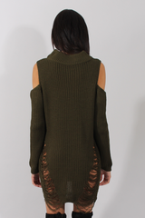 Khaki High Neck Cut Out Distressed Jumper Dress - Jamie-Jumper