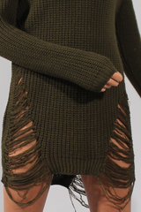Khaki High Neck Cut Out Distressed Jumper Dress - Jamie-Jumper