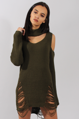 Khaki High Neck Cut Out Distressed Jumper Dress - Jamie-Jumper