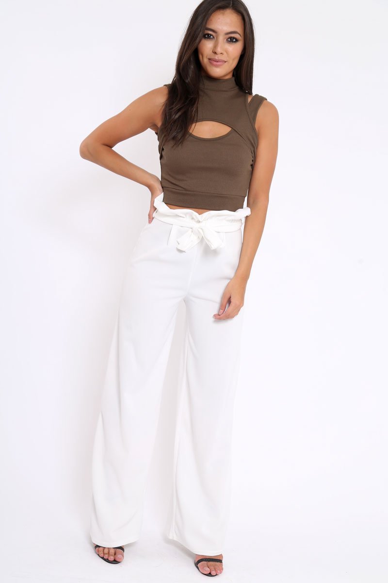 Khaki High Neck Cut Out Ribbed Crop Top - Jessica-Crop Tops